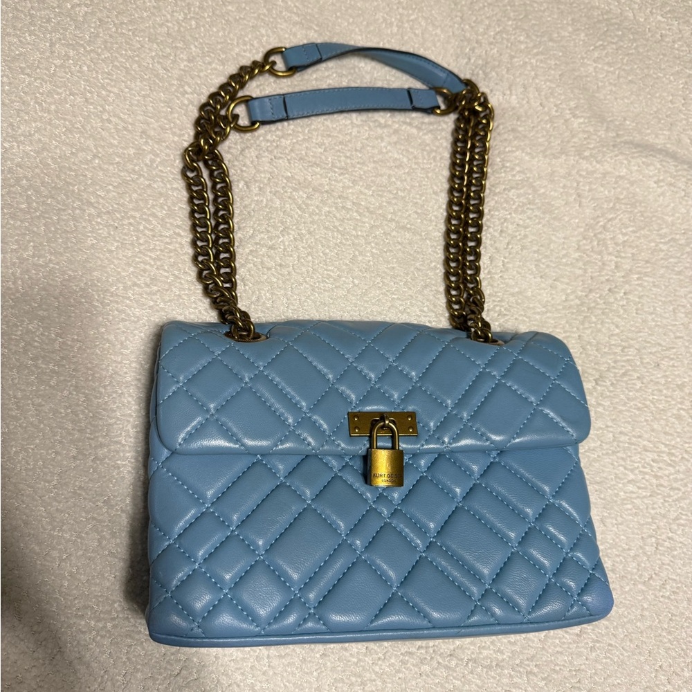 Authentic Kurt Geiger Brixton Lock Quilted Leather Shoulder Bag- Blue